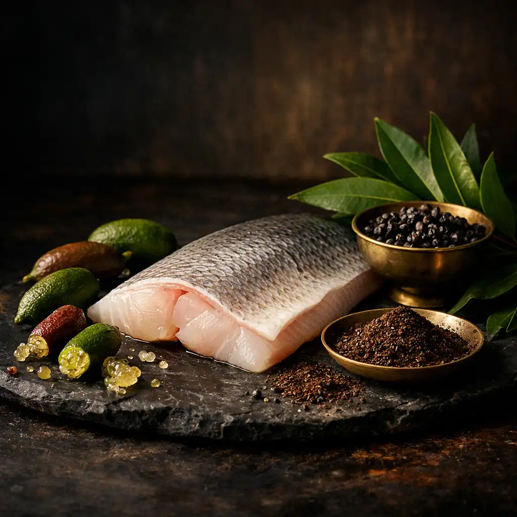 Still life of premium Australian ingredients including barramundi, finger limes, wattleseed, and lemon myrtle