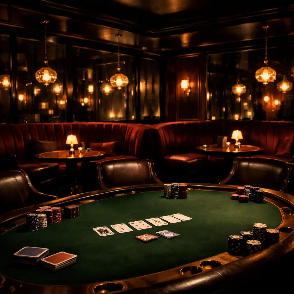 Wide interior shot of the Card Lounge at night, featuring velvet banquettes, smoked glass partitions, and a complete poker table with forest green felt under dramatic pendant lighting.