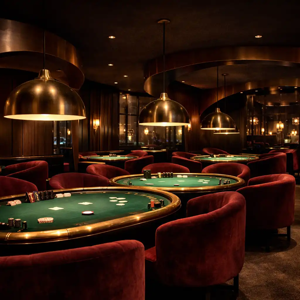 Card lounge interior with multiple poker tables, velvet seating and warm pendant lighting