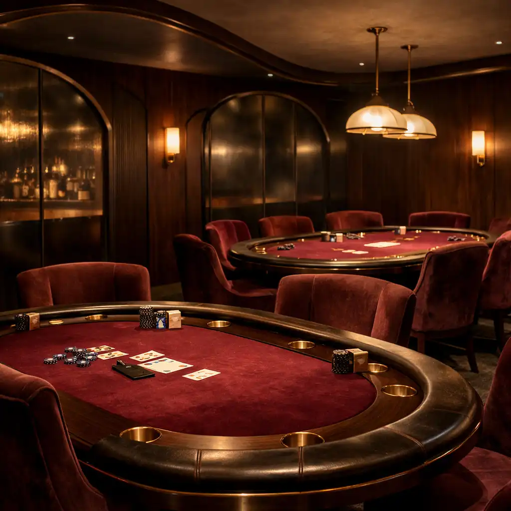 Two complete poker tables arranged in the intimate card lounge at Grand Velvet Room, with dark timber, burgundy velvet, and warm pendant lighting
