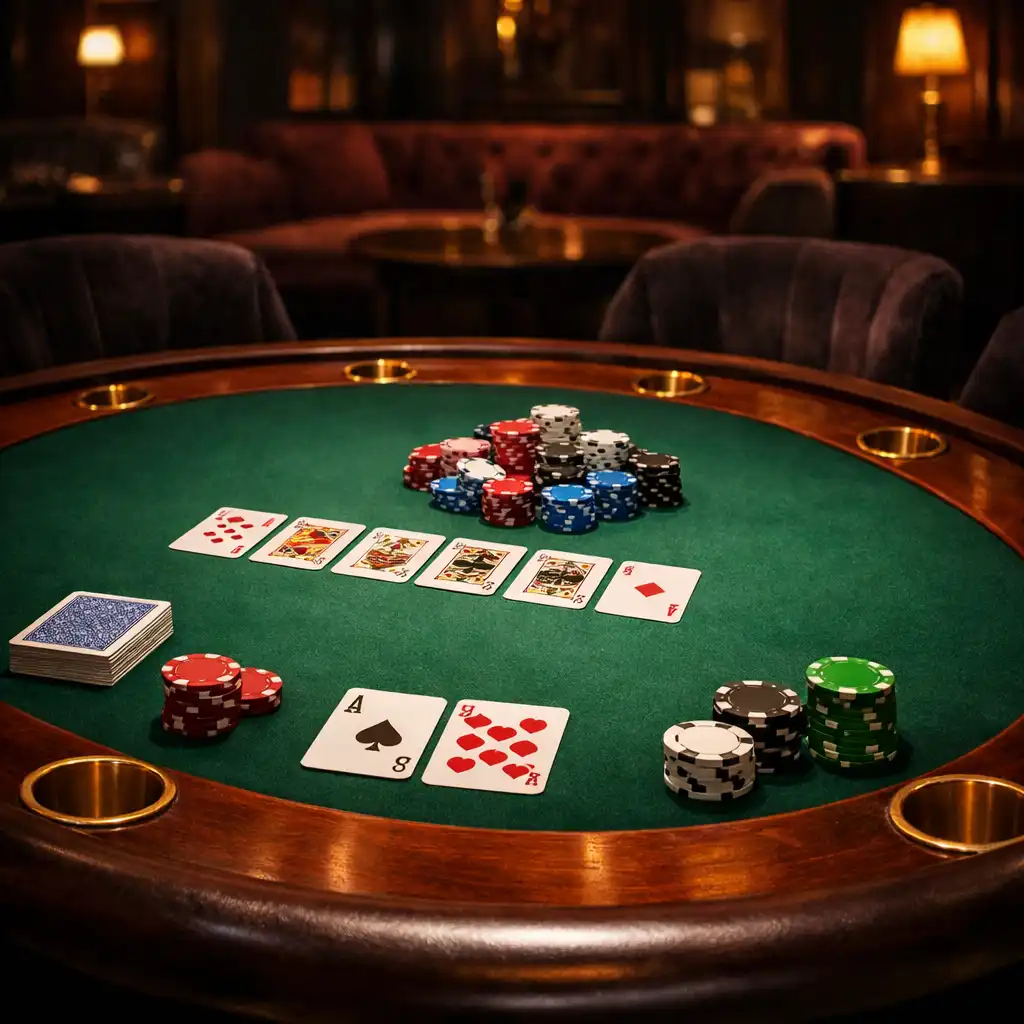 Close-up of a complete poker table with green felt and brass cup holders in the dark lounge
