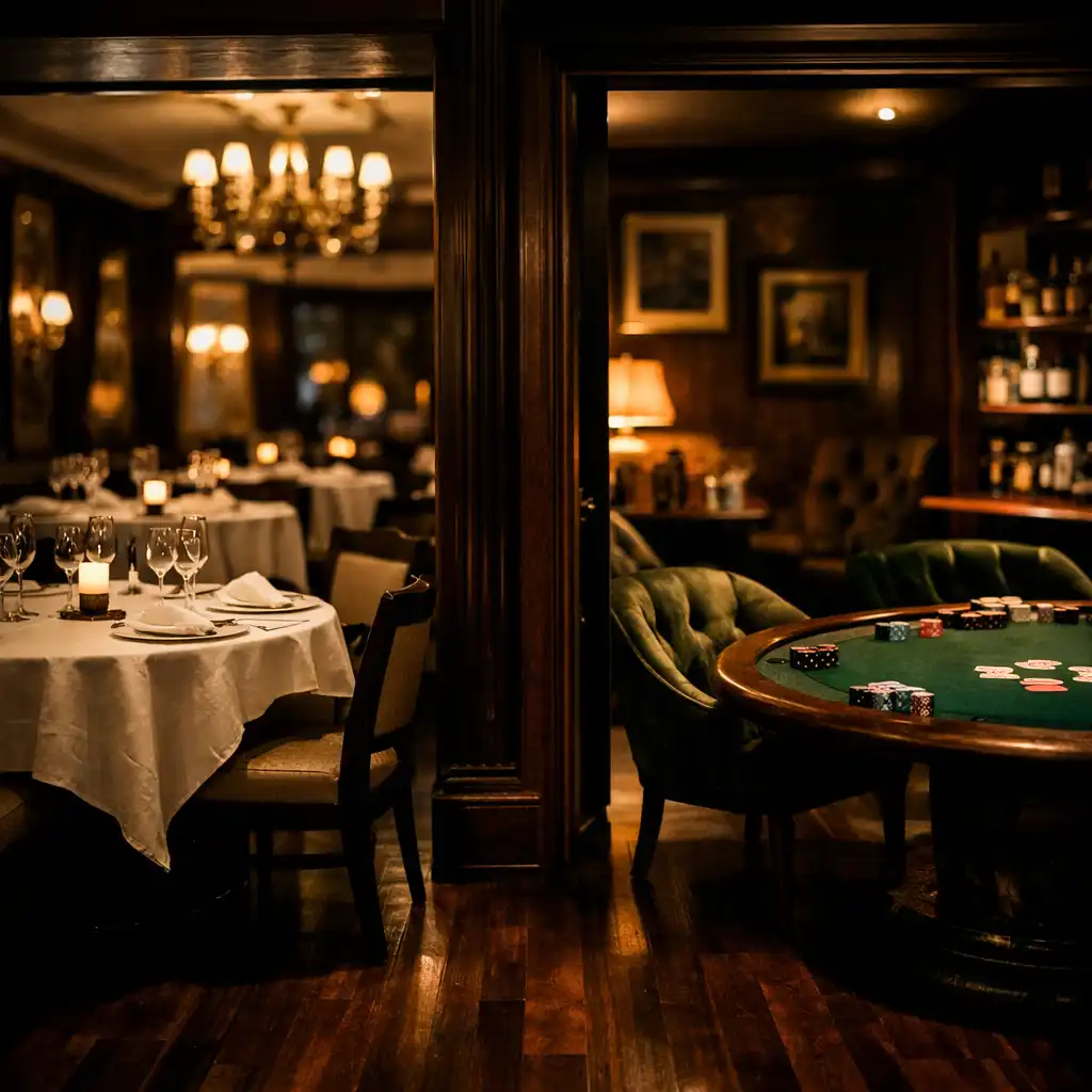 Threshold between the fine dining room and the card lounge, showing elegant dining tables on one side and velvet lounge chairs with a poker table on the other.
