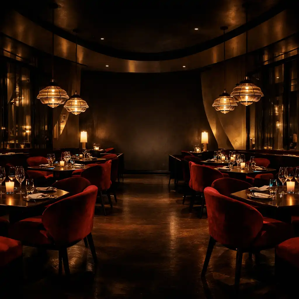 Elegant dining room with velvet burgundy chairs, dark wood tables, and warm pendant lighting