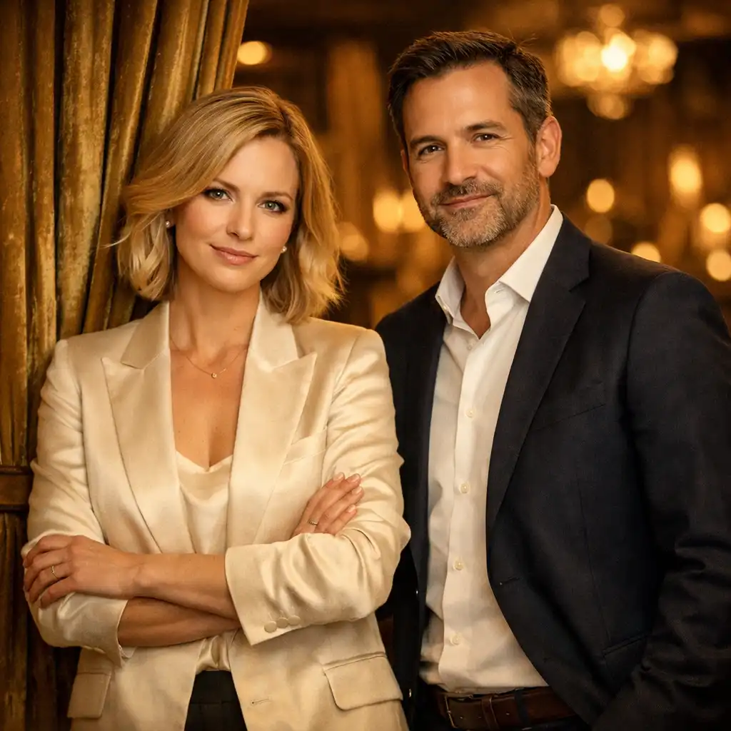 Portrait of the founders standing near a velvet curtain in the dimly lit restaurant