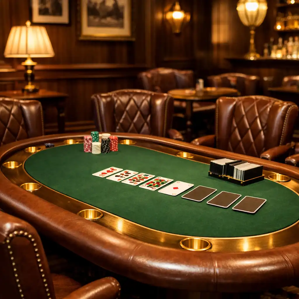 Card lounge with a single poker table, forest-green felt and brass details
