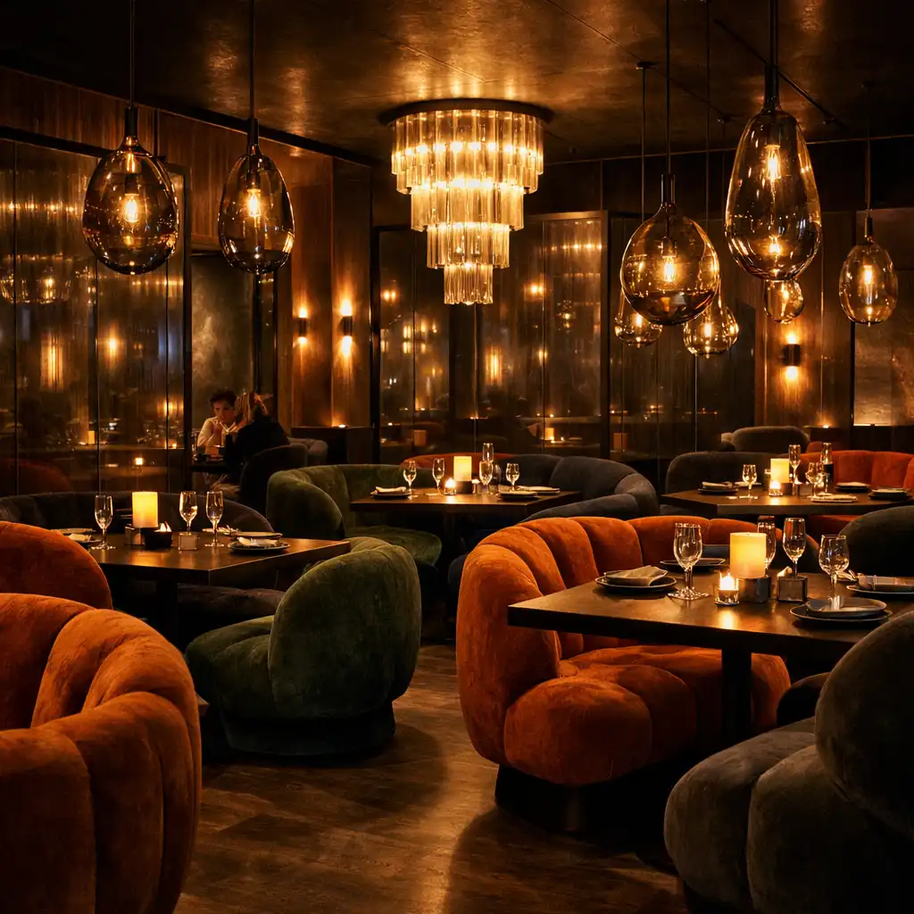 Dining room with sculptural velvet seating and dramatic pendant lighting