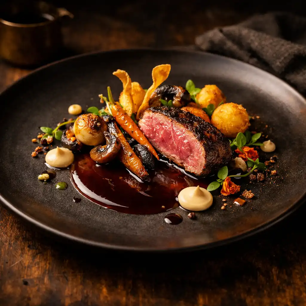 Beautifully plated dish on dark ceramic with artistic presentation