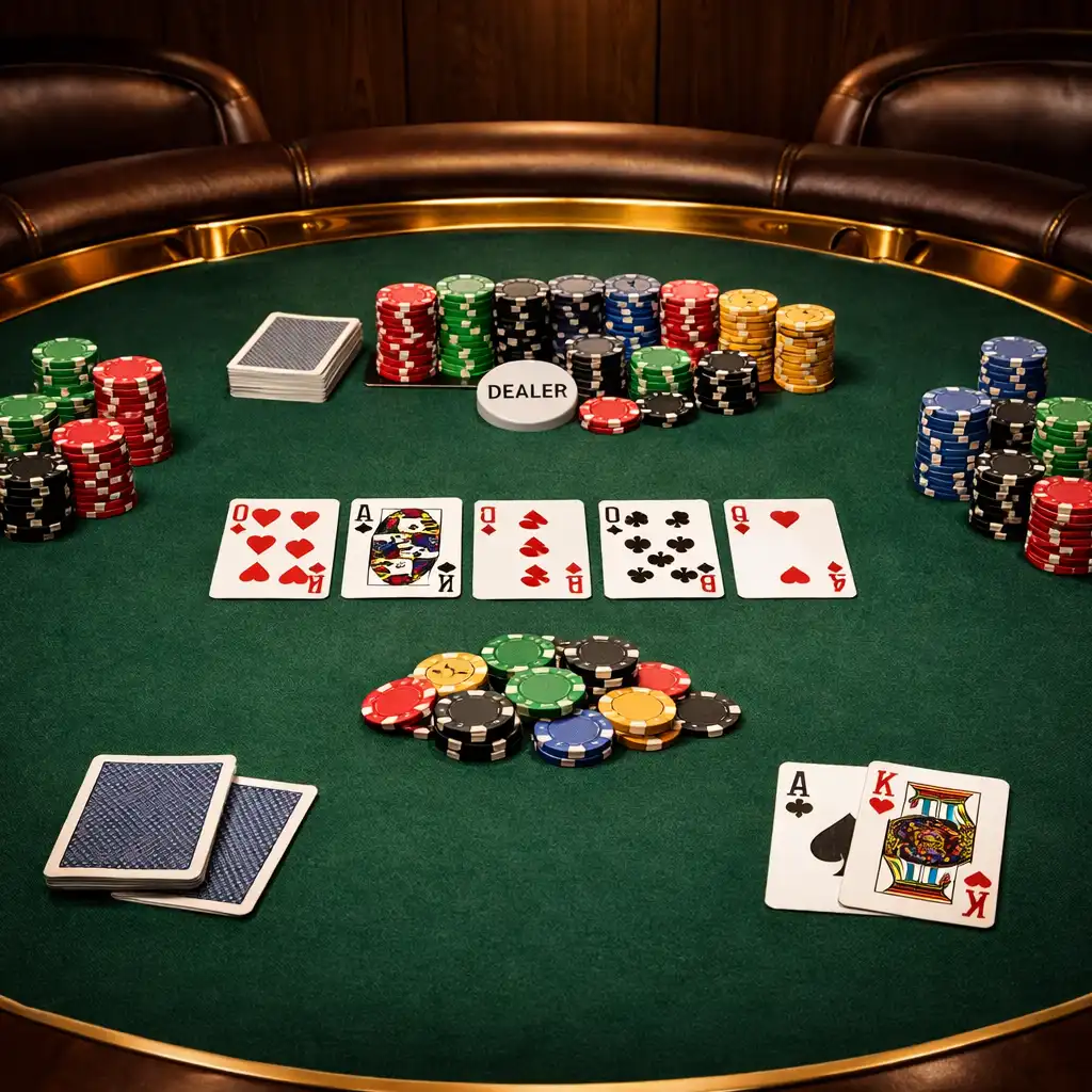 Complete poker table with chips and cards arranged neatly