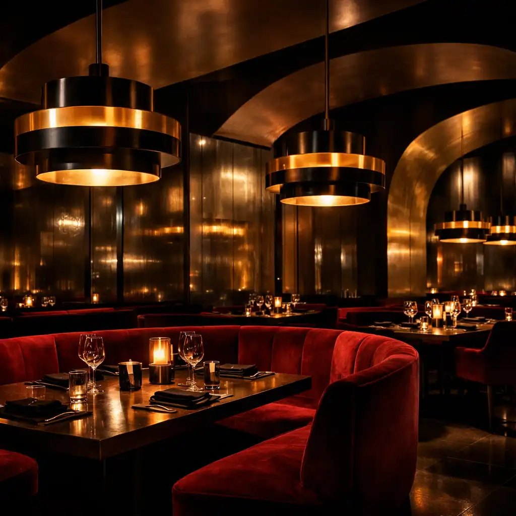 Cinematic wide shot of the Grand Velvet Room dining area with velvet burgundy seating and warm pendant lighting