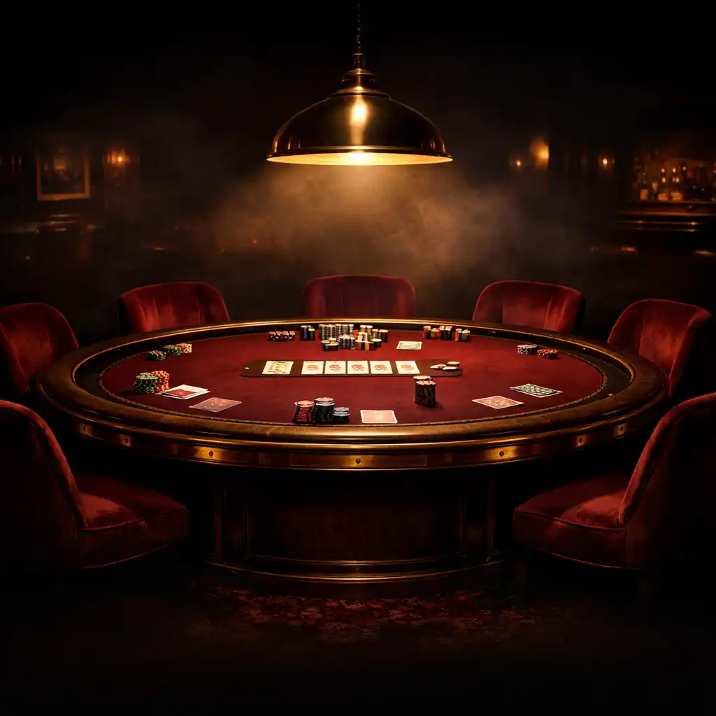 A handcrafted poker table with burgundy velvet surface and brass trim under warm pendant lighting in the Grand Velvet Room card lounge