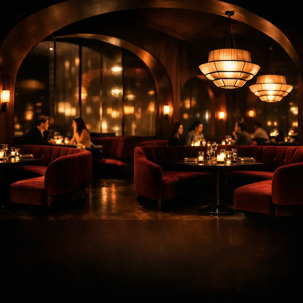 Velvet-draped dining room at Grand Velvet Room with warm pendant lighting and intimate seating