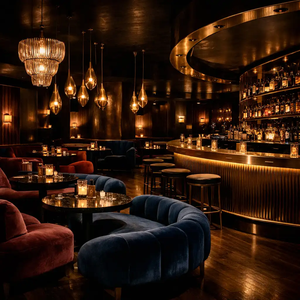 Wide interior shot of the main dining area with sculptural velvet seating and a curved brass bar