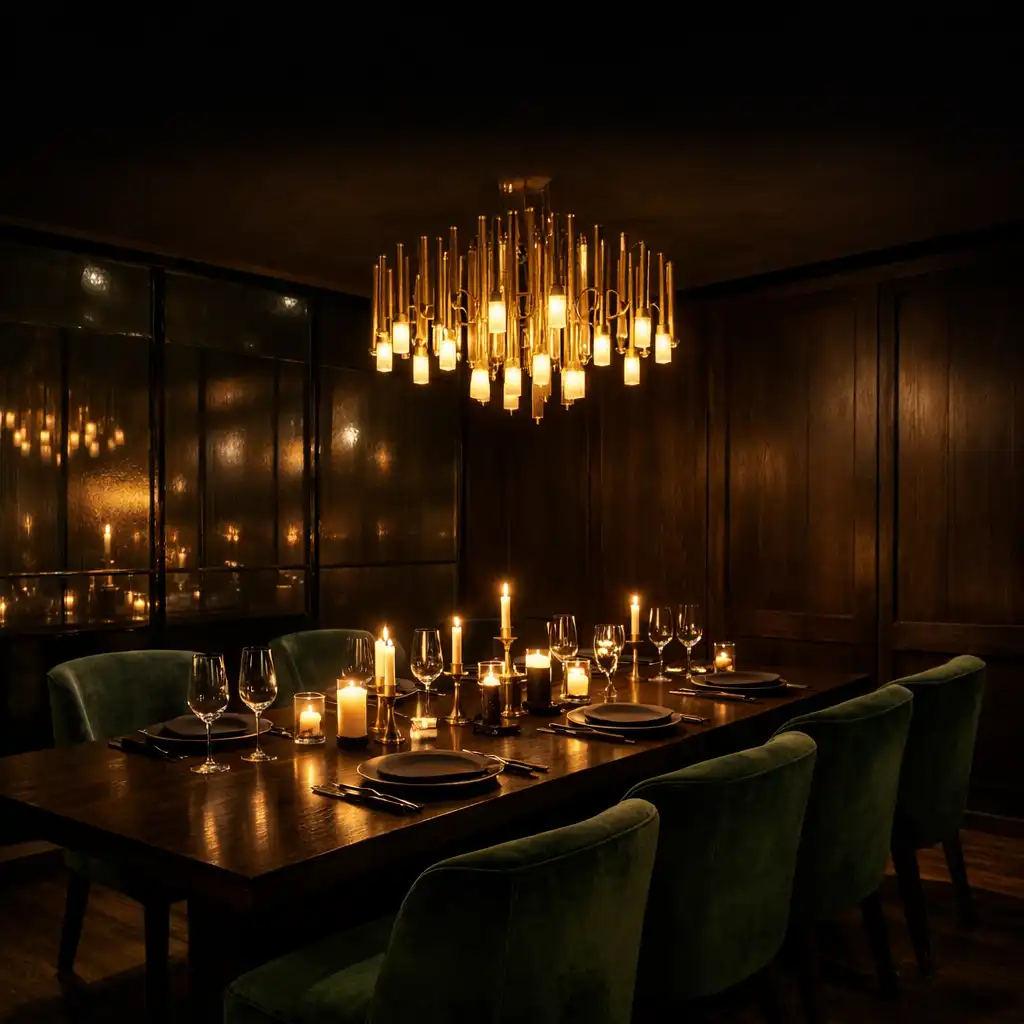 Private dining room with a long dark wood table, forest green chairs, and a brass chandelier