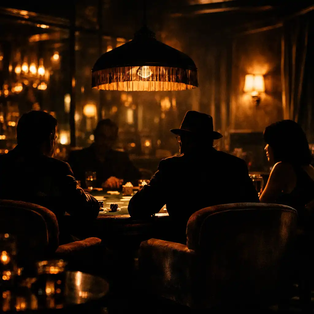 Moody atmospheric shot of the card lounge at night with guests silhouetted against warm dim lighting, seated on velvet chairs around a poker table.