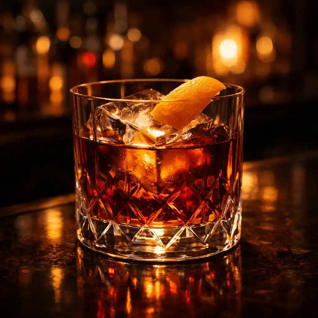 Velvet Old Fashioned with bourbon, demerara, bitters and orange zest