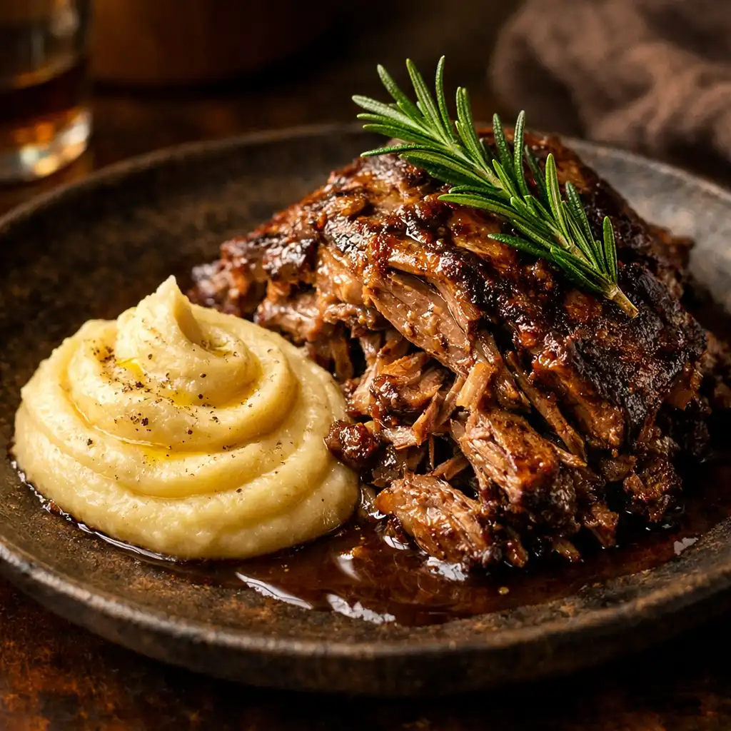 Slow-cooked lamb shoulder with rosemary jus and smoked potato purée