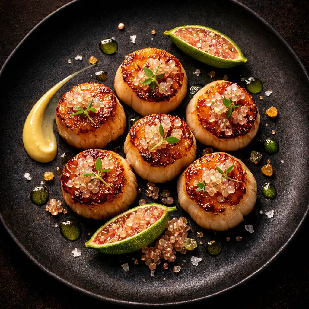 Pan-seared scallops with finger lime and cauliflower purée
