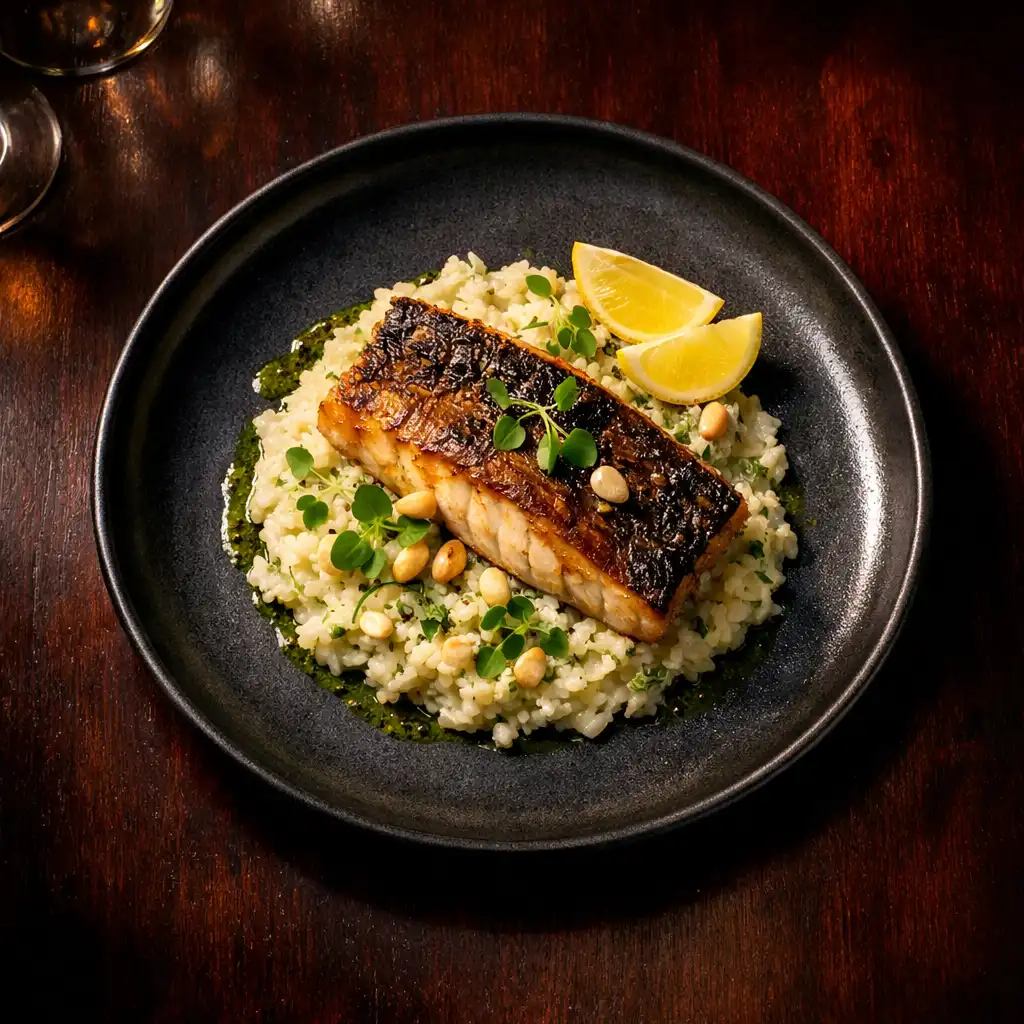 Elegant Australian dish on a dark ceramic plate, softly lit on a dark timber table
