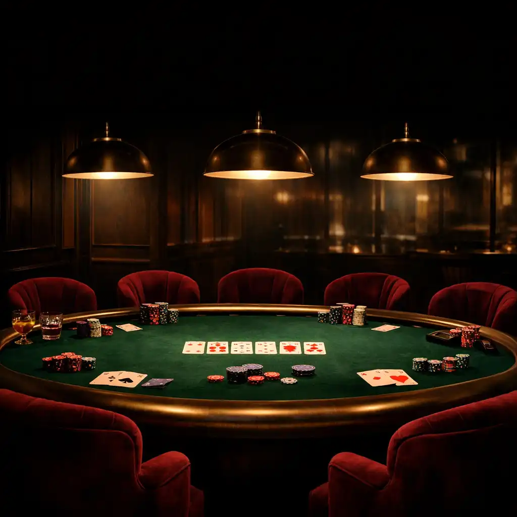 Elegant poker table with green felt and brass rail in a dimly lit card lounge