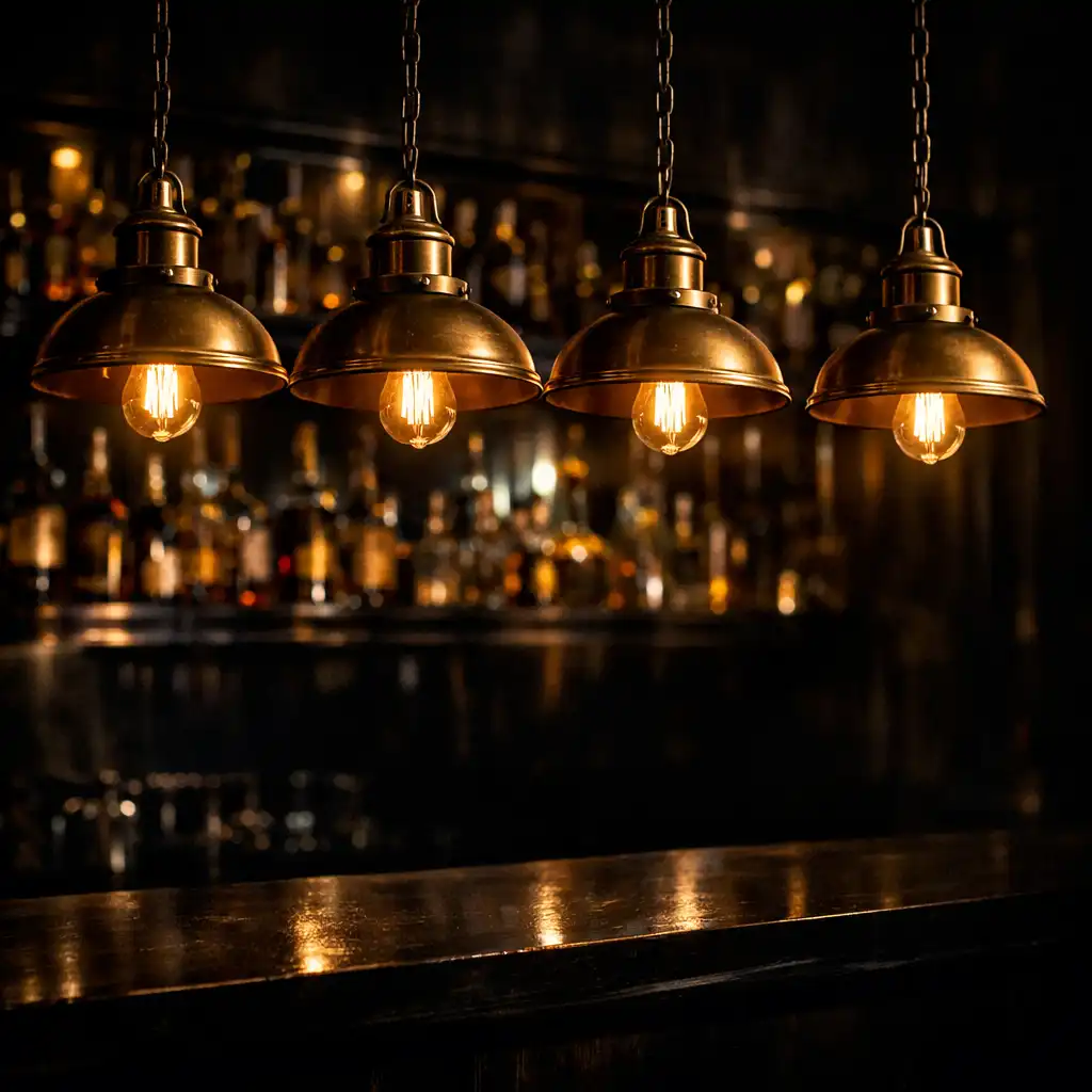 Row of antique brass pendant lights glowing above a dark bar counter