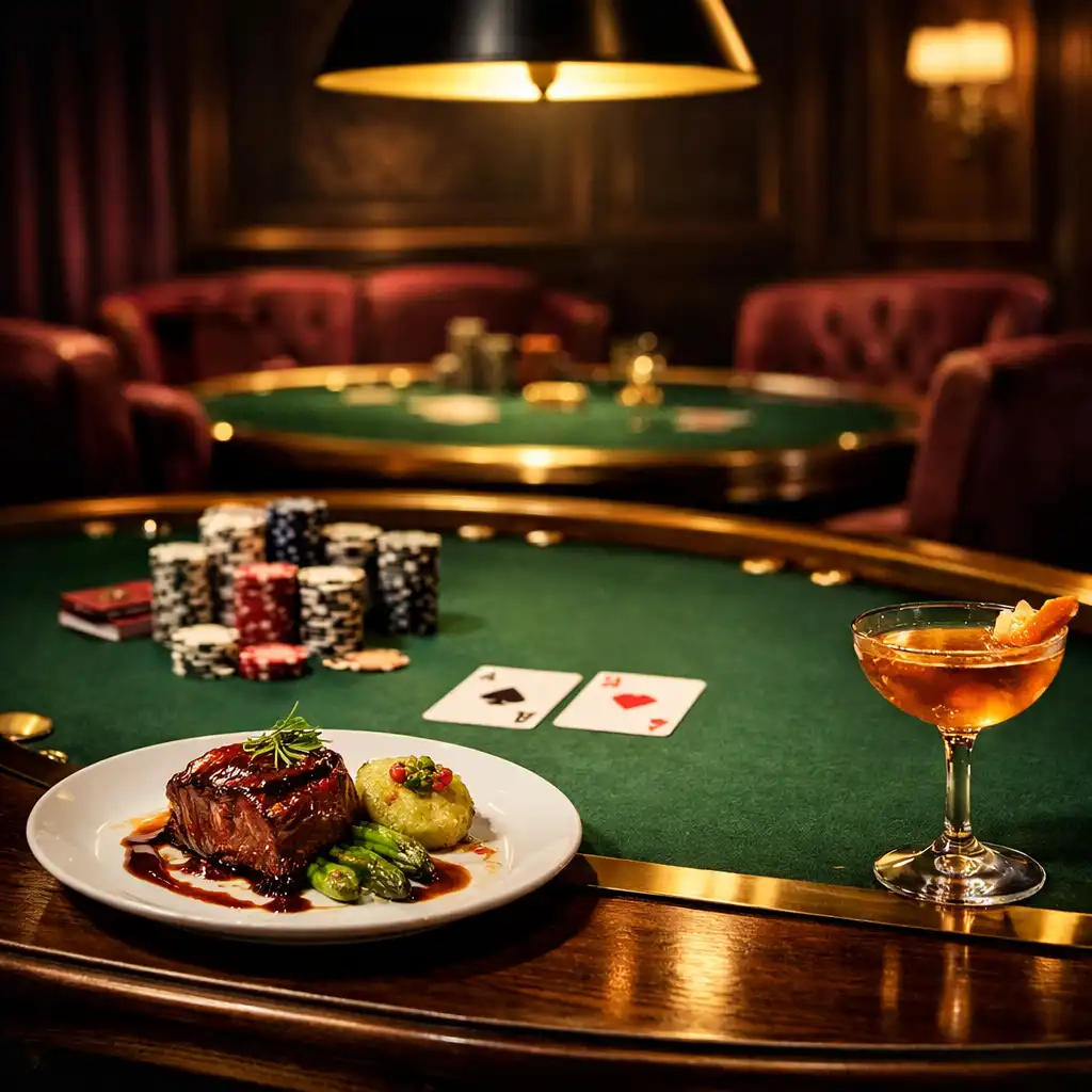 Refined poker table with a plate of gourmet food and a cocktail, set in a dark elegant card lounge