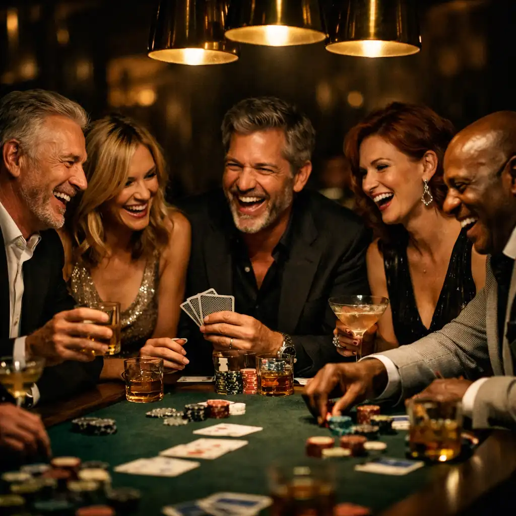 Group of elegantly dressed adults seated around a poker table in the lounge, laughing and engaged in a friendly game with drinks on the table.