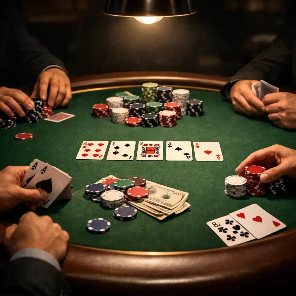 Close-up of a complete poker table during a poker night, with players' hands, cards, and neutral chips