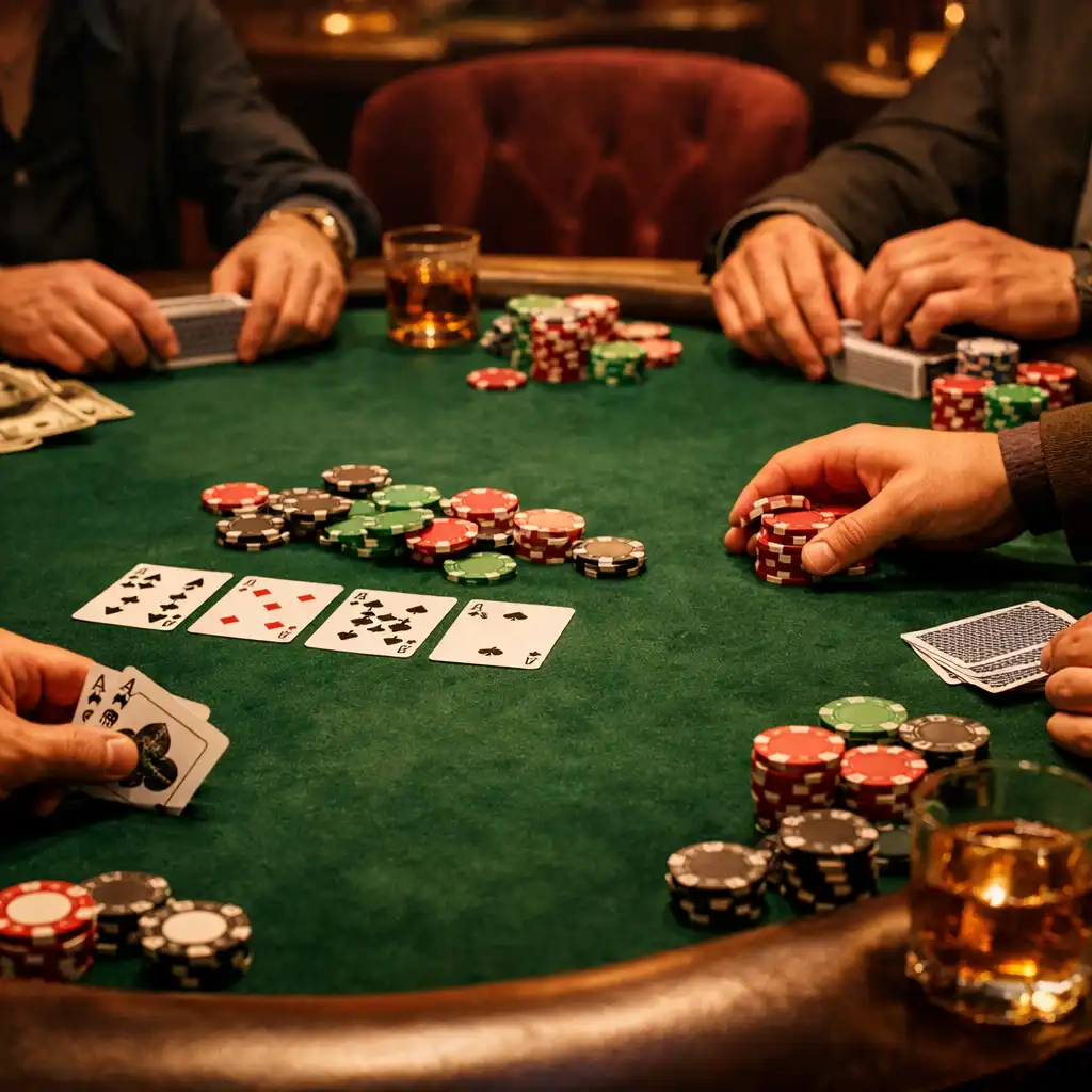 Players seated at a complete poker table in the card lounge