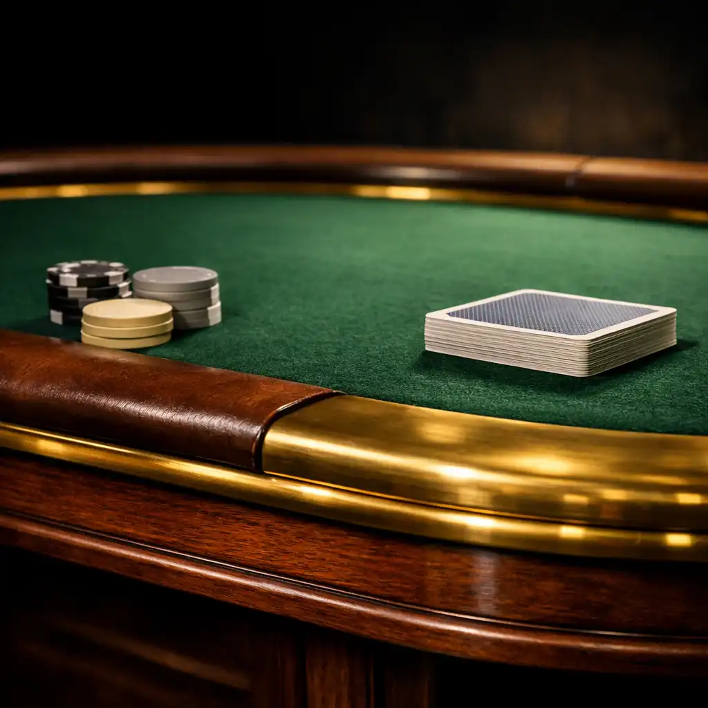 Close-up of a poker table showing forest-green felt, brass cup holders and leather armrest