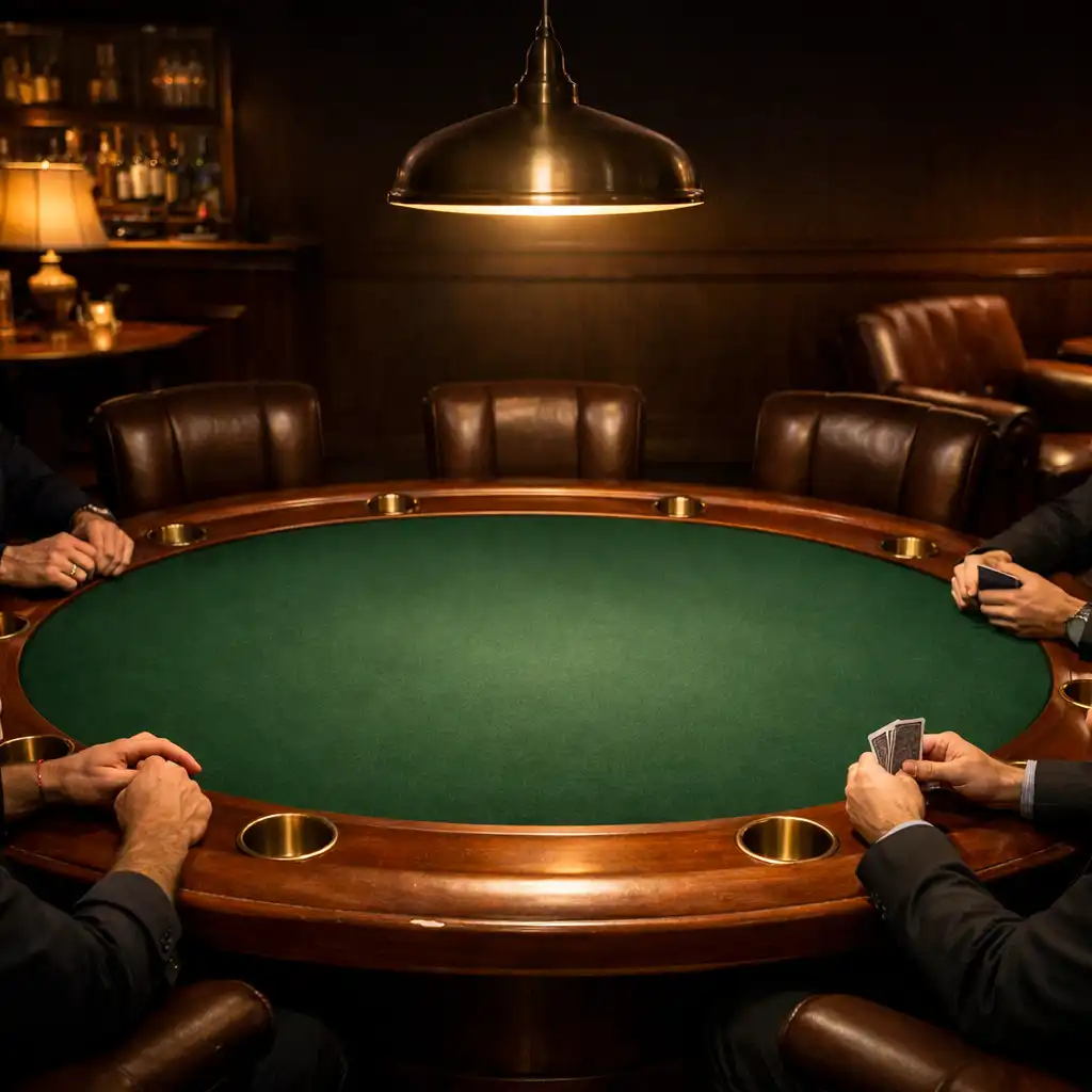 Complete poker table with green felt, wooden rim, and leather chairs under warm pendant light
