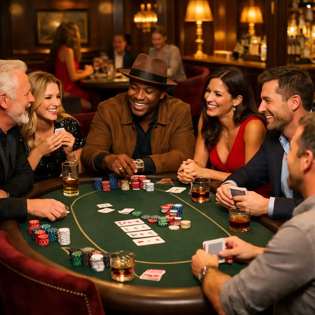 Another angle of a complete poker table with players, showing social interaction in a dimly lit lounge