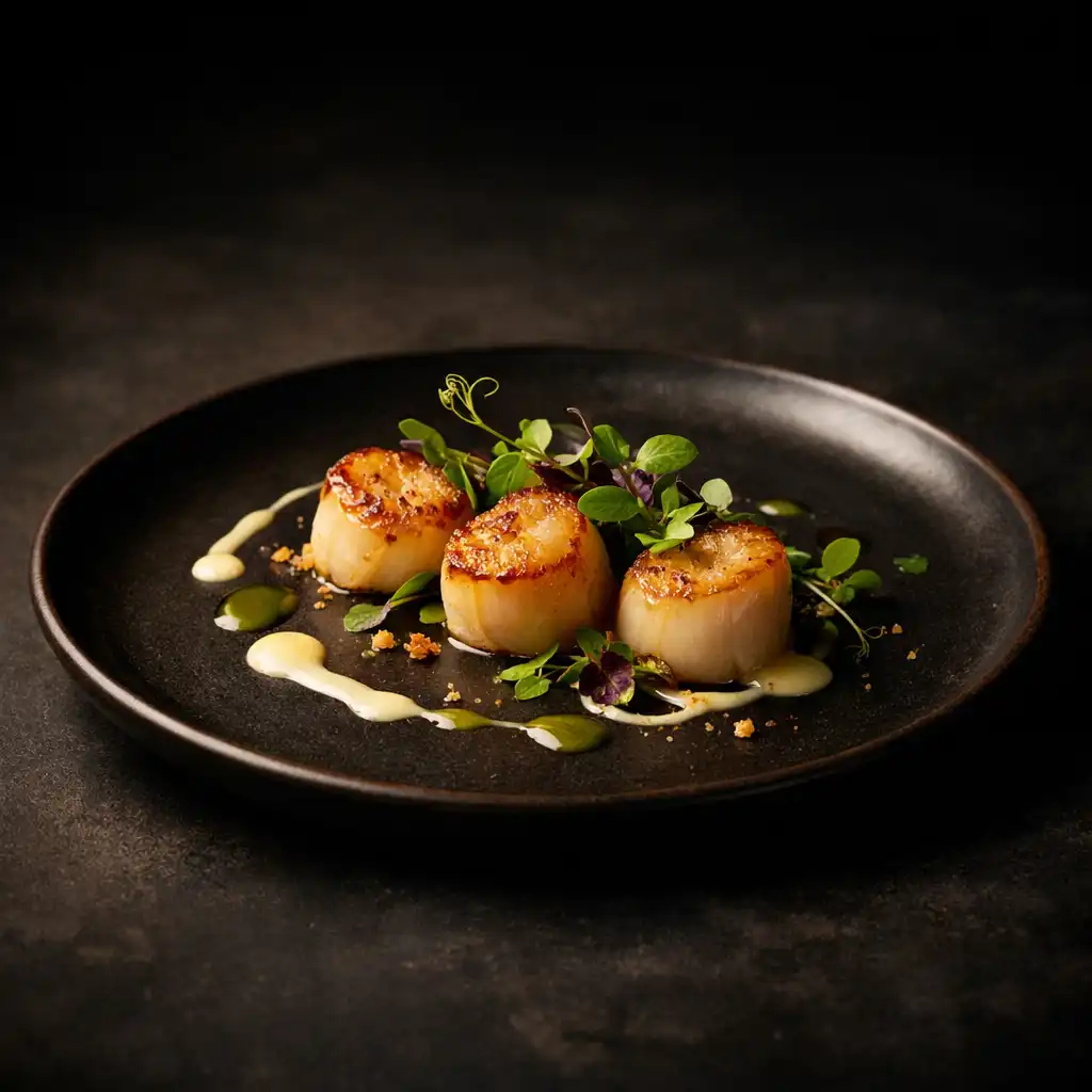 Seared scallops with finger lime on a dark ceramic plate