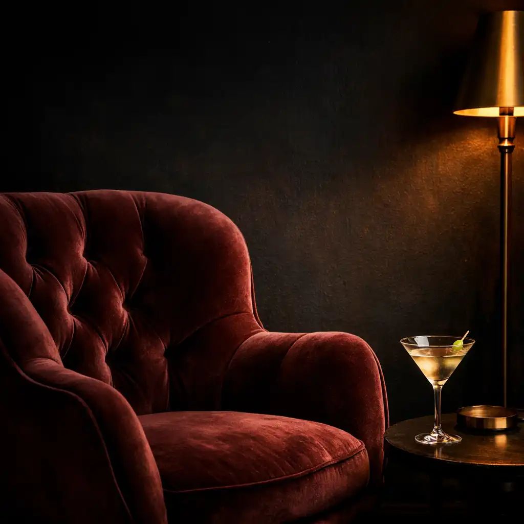 Sculptural velvet armchair in deep burgundy beside a brass floor lamp